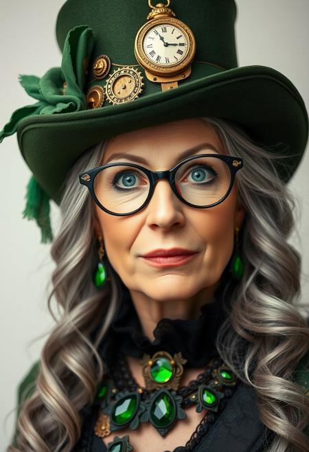 Steampunk portrait. Layout: Close-up shot. Subject: A mature woman with fair skin and long, wavy grey hair, wearing a green top hat adorned with intricate brass gears, a clock, and green fabric. The person has striking blue eyes and wears unique, ornate glasses with a leaf-like design. The attire includes green and black clothing with large, green gemstone accessories. The background is a soft, light gradient, keeping the focus on the subject's detailed and expressive facial features.