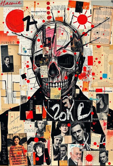 Outsider art. A surreal and deconstructed mixed-media collage in the style of Jacques Prévert with an urgent sense of chaos and energy. An analogue collage artwork blending fragmented styles, layers and textures. 
A punk stencil photocopy print of a man wearing a mask of dead people's skin.
Layered over this obscuring the image are multiple fragmented and overlapping layers of chaotic thick paint, splatters of paint, palette knife oil paint, handwritten scrawled text messages, torn photographs and broken distorted vintage photographs filling the canvas. 
Layers sections of repetitive brightly coloured dots in Yayoi Kusama style. Fragmented scribbles and abstract graffiti images in Jean-Michel Basquiat style over the top. This hides sections of the image below. Outlines are roughly redrawn in black ink and thick oil paint. The overall effect is manic and anarchic with an urgent sense of energy.