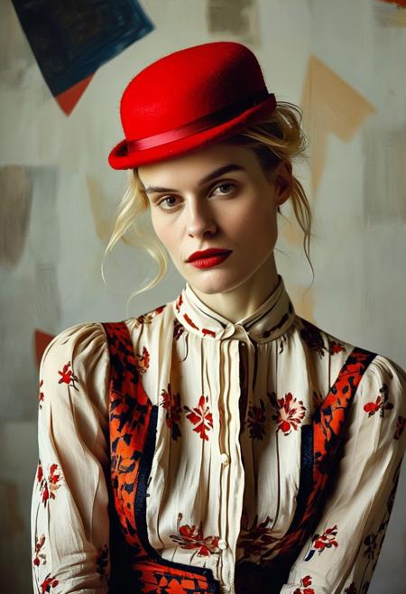 High fashion model photo, irish woman, high detalied natural skin, (strange hair1.2), (like Denise Gough1.2), cute, suggestive, joyful expression, elegant, intense gaze, stylish, Fauvism Art of elegant clothes,  gothic, style of David Alfaro Siqueiros, artwork by Klee and Kandiskhy, (red hat1.2), photo by (Paolo Roversi1.2), relaxed posture,  studio lighting,  in the style reminiscent of Vermeer's lighting techniques, , Bauhaus style background, low angle shoot, sharply focused, trending of artstation