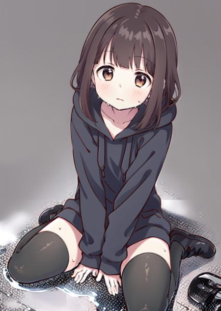 qlht, 1girl, solo, thighhighs, brown eyes, sitting, black thighhighs, puddle, brown hair, hood, black footwear, looking at viewer, white background, wariza, simple background, hoodie, hood down, long sleeves, wet, bangs, full body, hand between legs, wet hair, black hoodie, between legs, shoes, long hair, drawstring, medium hair, collarbone, blush, boots, water, sleeves past wrists, wet clothes, coat, zettai ryouiki,
SFW,(masterpiece:1,2),best quality,masterpiece,highres,original,extremely detailed wallpaper,perfect lighting,(extremely detailed CG:1.2),<lora:qlht:0.8>,