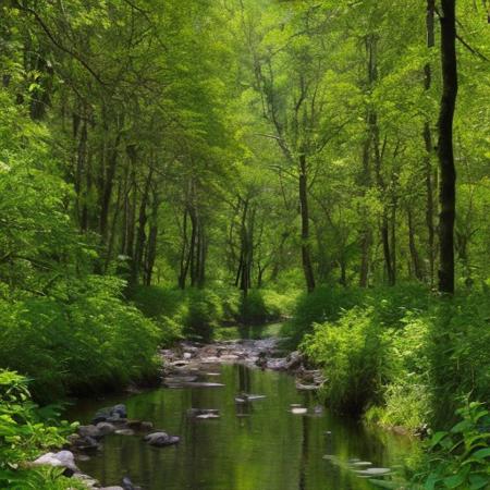 A serene river winding through a lush spring forest, 
the water reflecting the vibrant green leaves and soft sunlight filtering through the canopy. No humans, 
just nature.