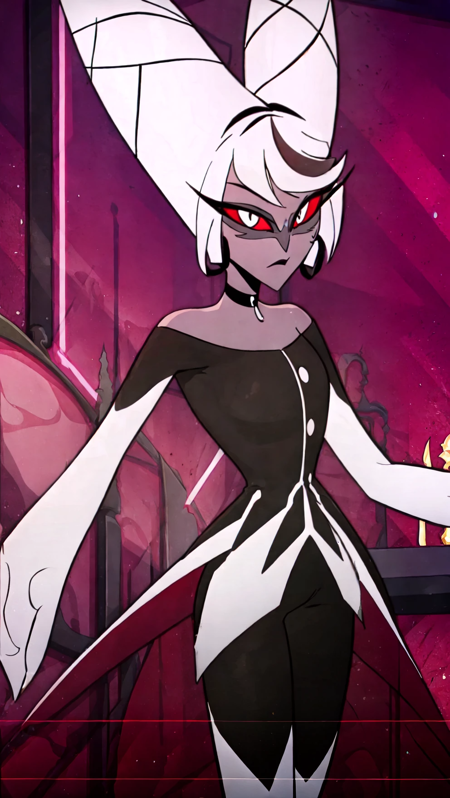 gray skin, red sclera, white hair, large hands, white pupils,double pointy buns, short hair, black lips, black ear rings, Black dress, white elbow gloves, bare shoulders, lace shoes