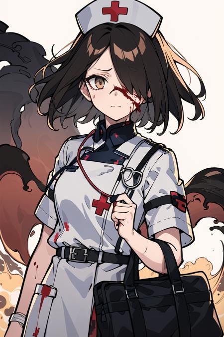 ((masterpiece)),(best quality),ultra-detailed,best illustration,dynamic angle,half body,1 cute girl in war times,working as a medic,looking away with a determined expression,bright brown eyes,short black hair with bandage covering one eye,sweat and blood on face and clothes,(medic:1.4),(uniform:1.3),(stethoscope:1.2),(war:1.1),(explosions and gunfire:1.05),(smoke and dust:1.05),brown and gray theme,dramatic effect,(side bag with medical symbol:1.05),(nurse cap matching uniform color:1.05)，(bandage on forehead:1.05),(blood dripping from covered eye:1.05),(scars and bruises:1.05)