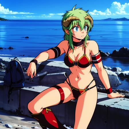 Calm,1girl,green hair,longhair,blue eyes,horns, bikini_armor, armband, leg band, boots, cape,