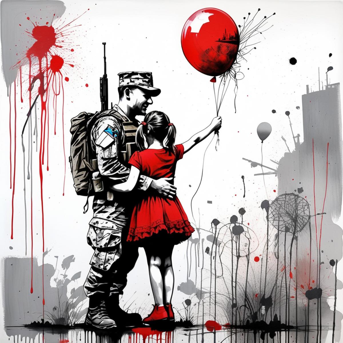 A soldier and a little girl are holding a red balloon in a painting.
