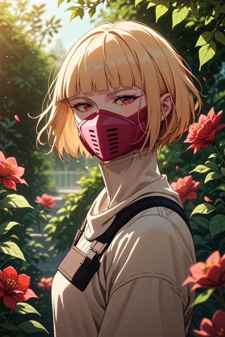 ERKiwi, 1girl, blonde hair, short hair, red eyes, colored sclera, blunt bangs, mouth mask