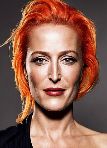 <lora:lora_gillian_anderson:1>, portrait of ((sks woman)) by Flora Borsi, style by Flora Borsi, bold, bright colours, orange Mohawk haircut, ((Flora Borsi))