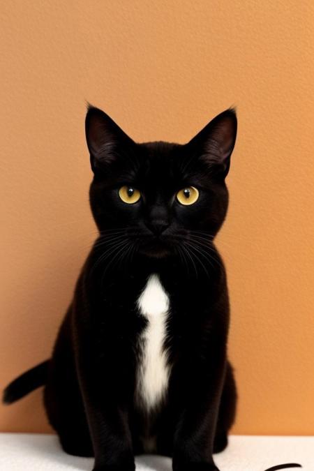 A close-up minimalist illustration of a black cat with striking yellow-orange eyes peeking from behind an orange wall. The artwork features smooth, clean lines and a subtle texture, emphasizing the cat's playful expression. The creamy beige background complements the orange accent, creating a harmonious and modern aesthetic.