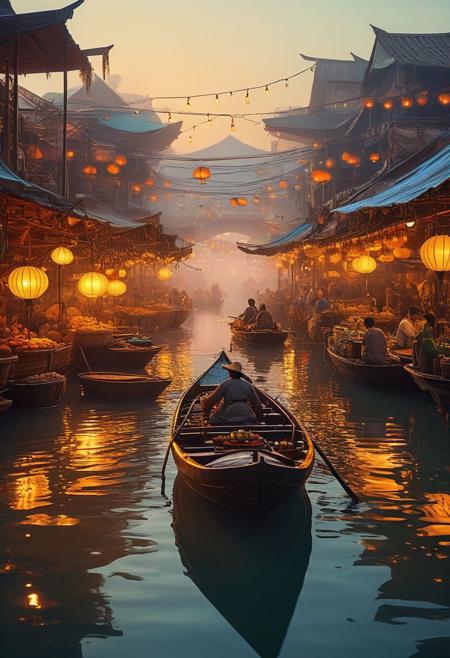 Floating market on Venus at dawn, masterpiece, fantasy, digital art, highly detailed, overall detail, atmospheric lighting, Awash in a haze of light leaks reminiscent of film photography,  awesome background, highly detailed styling,  studio photo, intricate details, highly detailed, cinematic,  <lora:MJ52:0.6>,