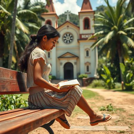 score_9, score_8_up, score_8, highly detailed, A 18 yo Bolivian woman is sitting on a bench across a church, holding a book, reading, very hot summer day, jungle.