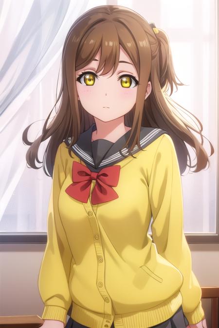 hanamarukunikida, <lora:hanamaru kunikida s2-lora-nochekaiser:1>,
hanamaru kunikida, long hair, bangs, brown hair, (yellow eyes:1.3),
BREAK long sleeves, bow, school uniform, serafuku, bowtie, cardigan, uranohoshi school uniform, yellow cardigan,
BREAK indoors, classroom,
BREAK looking at viewer, (cowboy shot:1.5),
BREAK <lyco:GoodHands-beta2:1>, (masterpiece:1.2), best quality, high resolution, unity 8k wallpaper, (illustration:0.8), (beautiful detailed eyes:1.6), extremely detailed face, perfect lighting, extremely detailed CG, (perfect hands, perfect anatomy),