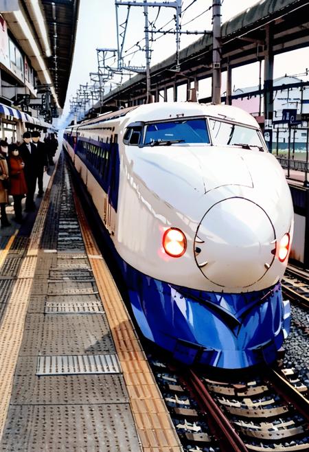 shinkansen type0, train, outdoors, vehicle focus, train station, scenery, real world location, window, realistic, building, headlight