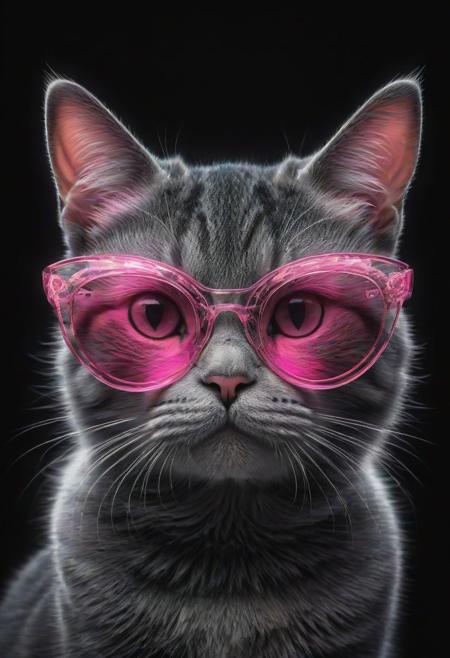 (best quality, 8K, high resolution, masterpiece), ultra detailed, (3D CGI), a beautiful pair of sunglasses, trendy, fashionable, pink, silver and black stylized Cat-eye shape, on a black background, countryside advertising, winning photo,