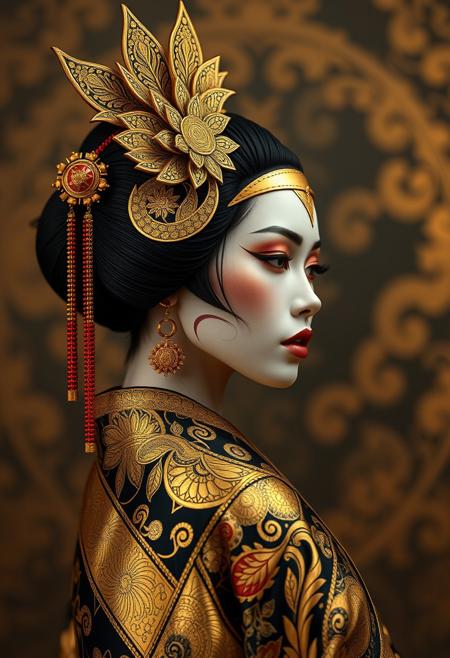 african geisha warrior, gold foil,hyperrealistic 8k, porcelain woman, side profile, intricate black and gold patterns, flawless symmetry, ethereal beauty,,
,novuschroma27 style