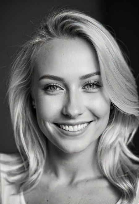 b&w, instagram photo, portrait photo of 22 y.o blonde woman, perfect detailed eyes, natural skin, hard shadows, film grain, smile