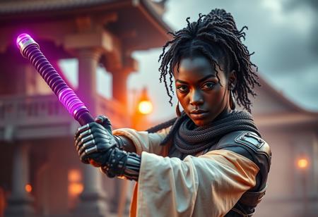 (A cinematic shot of a beautiful african cyborg, detailed face features, curly hair, one prosthetic arm, holding a purple glowing mace by the handle in defensive pose, orange haze around the katana blade, best quality, amazing details, temple in background:1.2)