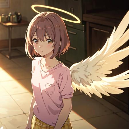 Nishimiya,1girl,solo,  illustration,heaven background,halo, angel wings, serene expression, looking at viewer short hair,brown hair,brown eyes,pink shirt,short sleeves,yellow skirt,best quality,   collarbone, ((cinematic light)), colorful, hyper detail, dramatic light, intricate details, best quality, (wallpaper, masterpiece, best quality, ultra-detailed, best shadow), (detailed background:1.4), (beautiful detailed face, beautiful detailed eyes), high contrast, (best illumination, an extremely delicate and beautiful),(girl:1.5),  one side up, (caustic)), dynamic angle,beautiful detailed glow,full body, cowboy shot, (illustration:1.1), (perfect details:1.1), landscape, background, rose, abstract, <lora:ShoukoNishimiya :0.5>