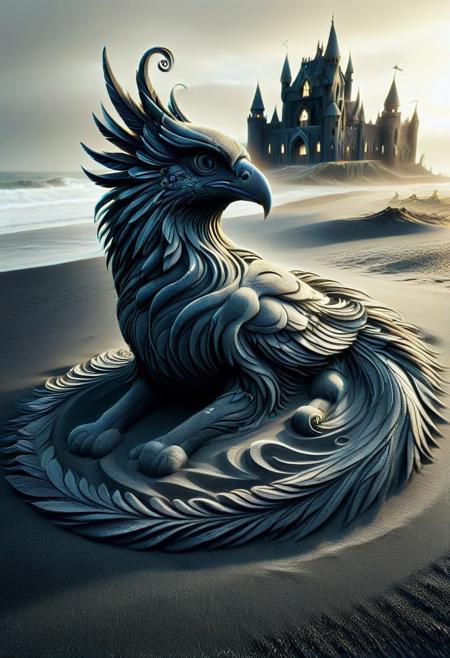 embedding:lazypos, animal, feral animal, surrealist animal, no human, sfw, made of Sand Swirl, black sand, nightmare sand, 
The Clockwork Peacockamthus  made of Sand Swirl
Character: A peacock  made of Sand Swirl, guarding a dark castle, its feathers made of intricate feathers made of black Sand Swirl as they fan out.
Background: A sand castle gate where the glowing swirls into living creatures.