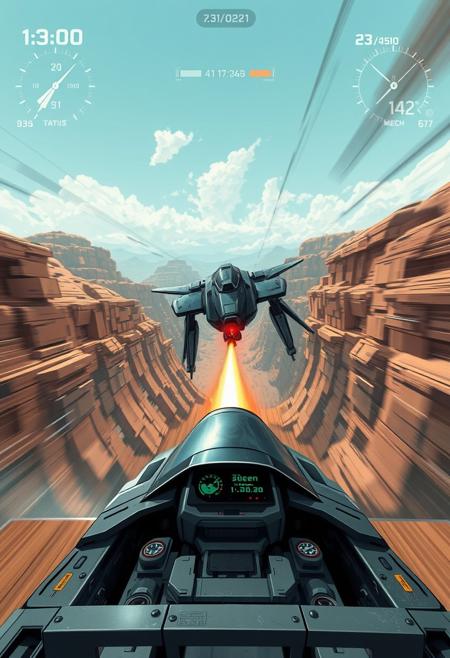 A cockpit view of a flying mech chasing another flying mech through a canyon.  A HUD displaying velocity, mech status, weapon status, as well as other things that are relevant.  A missile fired by the mech piloted by the viewer is closing in on the mech that is being chased.  Not cartoony or anime at all.  The image should be gritty and realistic looking as possible.