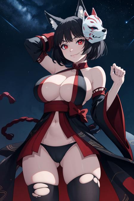 yamashirometa, revealing clothes, detached sleeves, cleavage, thighhighs, torn clothes, black panties, fox mask