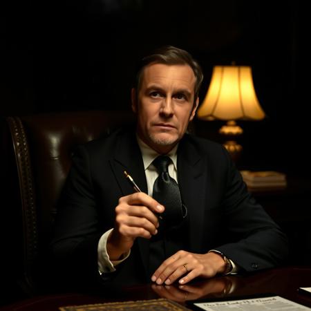 A man with classic suit in dark holding a pen in his hand sitting in a chair, table , with a dark background that highlights in face nothing visible a lamp in table