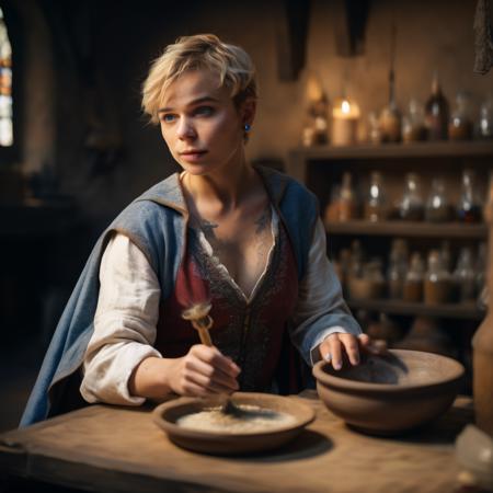 highly detailed analog photo of lab assistant working in a medieval laboratory,

solo, 1girl, cleavage, short hair, blonde hair, vest, stud earrings, tattoo, wavy hair, lips, freckles, dirty, ((blue eyes)), bowl, cape, cross, food, quill, small breasts,  (realistic:1.3), (medieval laboratory:1.1), (professional lighting:1.2)

masterpiece, best quality, 8k,
motion blur, intricate details, depth of field,

(analogue photography:1.1),
(shadow play:1.4),



