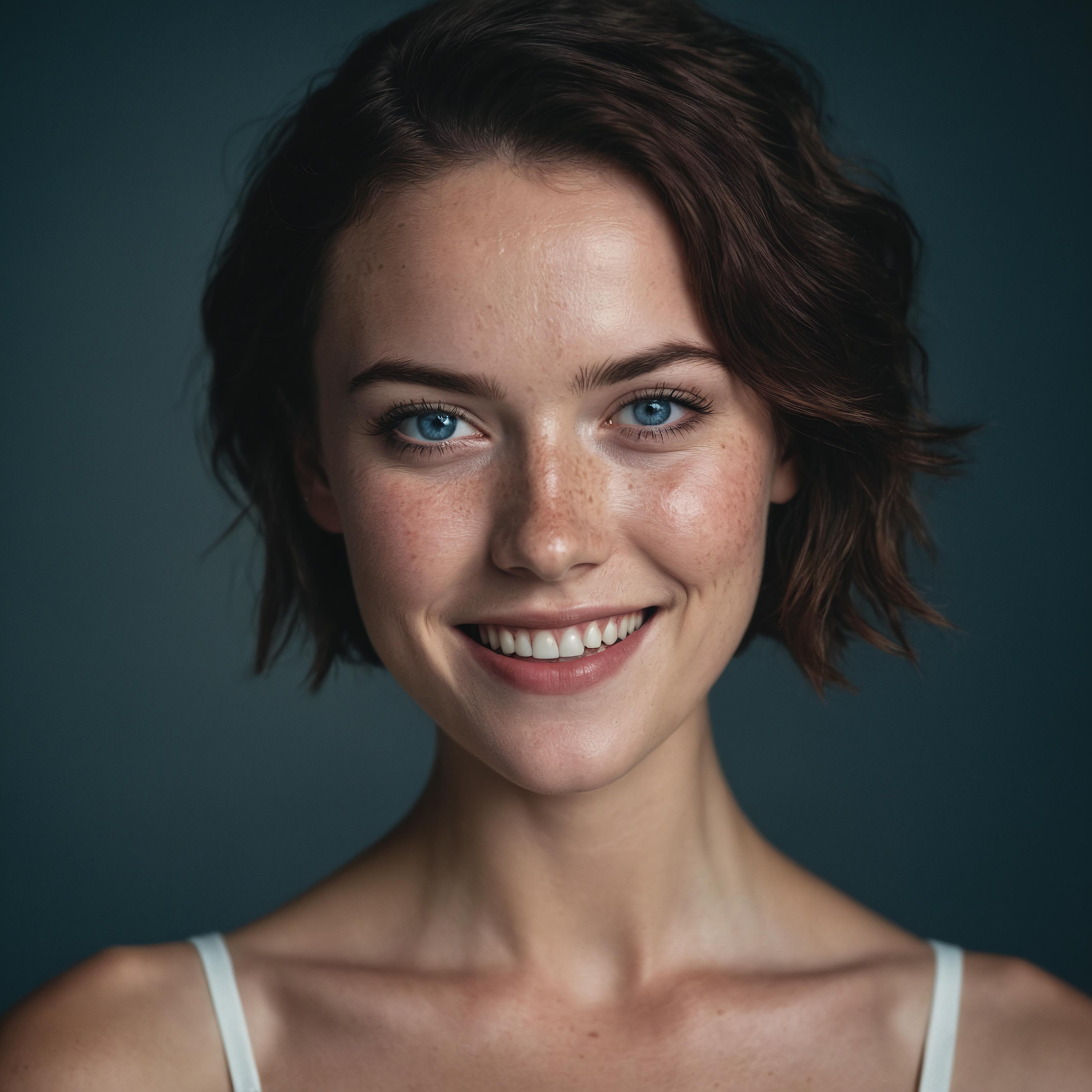 A young woman with a smile and blue eyes posing for a close-up picture.