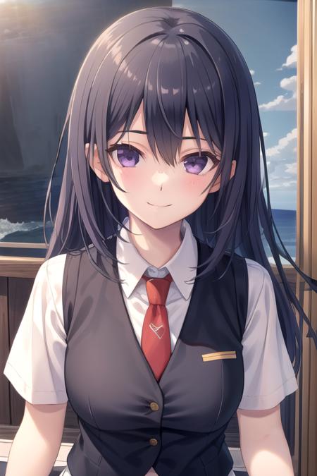 ((masterpiece)),(best quality),official art,extremely detailed CG,unity 8k wallpaper,ultra detailed,beautiful detailed eyes,extremely detailed face,A lighthouse on a cliff by the sea,1girl,solo,upper body,(portrait:1.5),looking at viewer,facing viewer,smile,long hair,black hair,hair between eyes,bangs,purple eyes,school uniform,blue vest,collared vest,red necktie,collared shirt,white shirt,puffy short sleeves,medium breasts,miniskirt,white skirt,pleated skirt,frills,white socks,loafers,<lora:Kozeki Momoko(rk):0.8>,