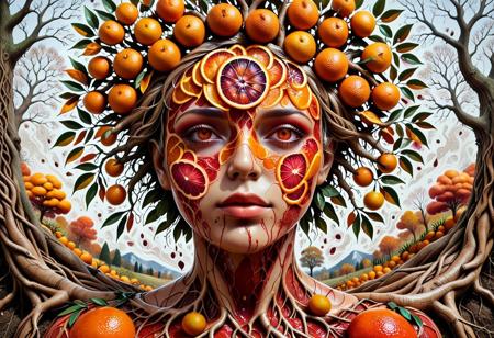 lazypos,
masterpiece, high quality, high-res, 
blood orange style,
a painting of a woman face made up of blood oranges, her hair are tree roots that cover the canvas with blood orange  leaves, psytrance artwork, colorful autumn trees, depicted as a 3 d render, flower storm portrait, colour print, fractal human silhouette, rooted lineage, serene emotions, connectedness, character creation
(extra detailed:1.1), realistic