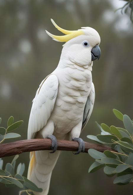 Sulphur-crested cockatoo perched on a eucalyptus tree in Australian bush and grassland background, background Australian bushes and meadows, very realistic photography