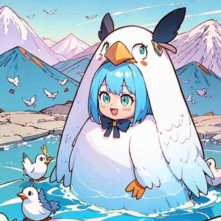 (masterpiece:1,2), best quality,bird costume <lora:bird costume:1>
1girl, blue hair, green eyes, smile, :d,mountain, water,