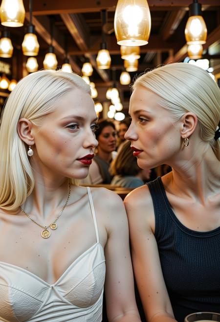 close up analogue photo of a beautiful 25 years (((albino woman:1.5))) with white hair (((pale skin:1.5))), white hair, <lora:Lumiya_SDXL:0.6>, Wearing a navy slip dress with sheer mesh sleeves and hoop earrings, a woman chats with a friend at a candlelit bar lined with dark wood and vintage mirrors, glowing bistro lights casting soft amber across their drinks.