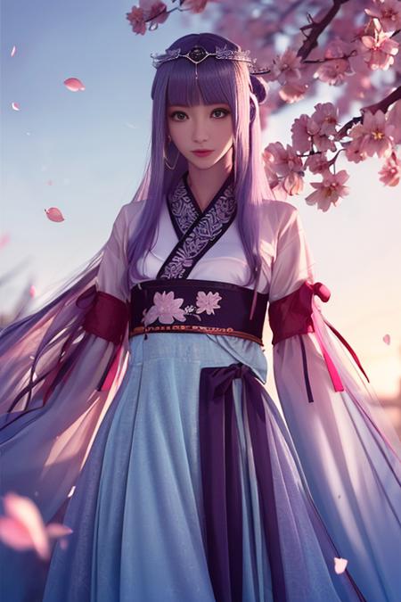 shaosiming hanfu, chinese clothes, traditional clothes, layered clothes,dress,red frilled shawl,  wide sleeves, long sleeves, sleeves past wrists, jewelry,hair stick, tiara,  gem,ribbon,  hair ornament, purple hair, very long hair, blunt bangs, hair rings,