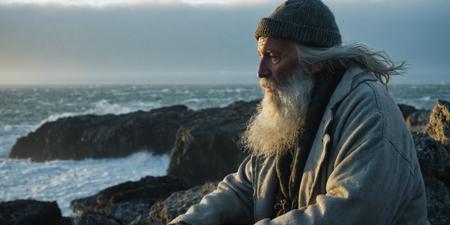 portrait , closeup, (sunrise, god rays), old rugged fisherman, long white beard, torn dirty gray coat, dirty beany, sitting on old wodden stool on rock, looking at sea, beach, stormy, dense fog, rocks, (spindrift, spray), cinematic, rocks in foreground,