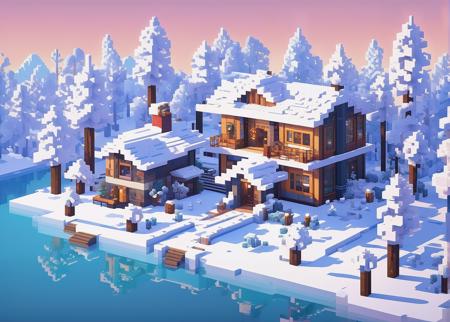 Create a winter scene in Minecraft, voxel-based art style, pixelated and minimalist aesthetic, vibrant colors, intricately detailed, high resolution