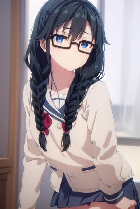 sumirekosanshokuin, <lora:sumireko sanshokuin s1-lora-nochekaiser:1>,
sumireko sanshokuin, long hair, black hair, blue eyes,
BREAK hair ornament, braid, glasses, twin braids, black-framed eyewear, skirt, hair ornament, school uniform, serafuku, black skirt, long skirt,
BREAK indoors, classroom,
BREAK looking at viewer, (cowboy shot:1.5),
BREAK <lyco:GoodHands-beta2:1>, (masterpiece:1.2), best quality, high resolution, unity 8k wallpaper, (illustration:0.8), (beautiful detailed eyes:1.6), extremely detailed face, perfect lighting, extremely detailed CG, (perfect hands, perfect anatomy),