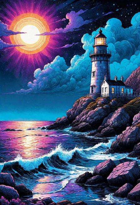 A coastal English lighthouse on a rocky shore, where crashing waves provide a rhythmic serenade, <lora:blacklight_makeup_v2:0.7> blacklight makeup, <lora:InkArtXL_1.2:0.7> ink art, line art, <lora:RMSDXL_Creative:0.4>