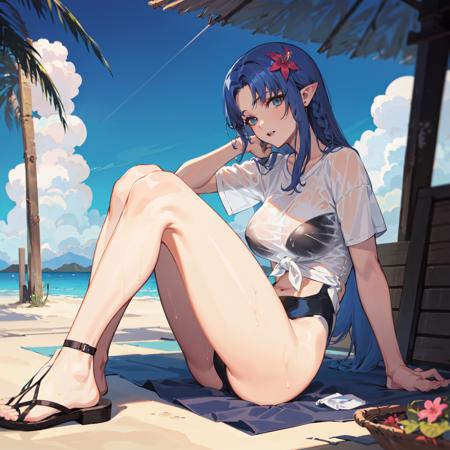 <lora:Medea:0.8>,
MedeaCas, 1girl, solo, long hair, looking at viewer, blue eyes, large breasts, shirt, hair ornament, jewelry, sitting, blue hair, swimsuit, white shirt, outdoors, parted lips, sky, day, pointy ears, cloud, hair flower, tree, blue sky, wet, see-through, makeup, ocean, beach, sandals, one-piece swimsuit, t-shirt, wet clothes, side braid, swimsuit under clothes, wet shirt, tied shirt, (mature female:1.2), foreshortening,