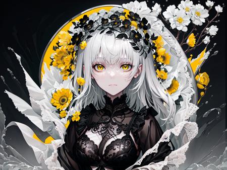 (best quality, masterpiece), (1girl, solo, black suit, standing , looking at viewer, white hair, yellow eyes, closed mouth, upper body), (giant black bouquet background, floral_background)