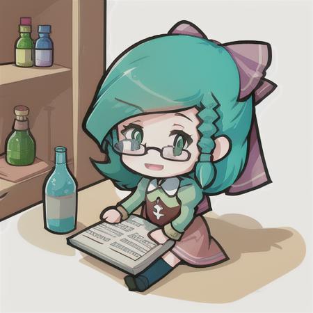 solo, fleur, human, female, chibi, green eyes, open mouth, glasses, sitting, book, potion bottle <lora:pk_fleur-000008:1>