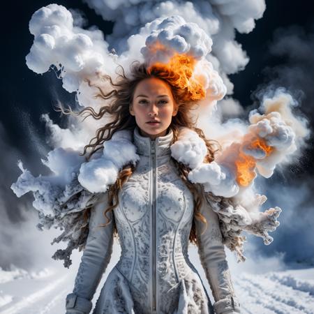 exploding woman body made out of snow cloud, perfect snowy photography by Mark Mann, Wlop, Albrecht Dürer, wlop, muted wet colors, intricate detailed, stunning, fire, smoke, beautiful, cloudy, fluffy, static charge, snowy portrait, artistic masterwork by head of prompt engineering  <lora:xl_more_art-full_v1:0.5> <lora:add-detail-xl:2>