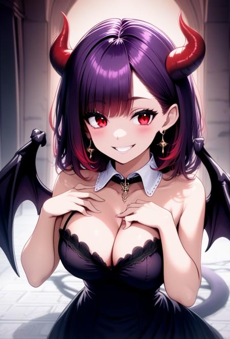 1girl, black dress, purple hair, smile, cleavage, red eyes, demon wings, medium breasts, collar, earrings, demon horns, medium hair, corset,