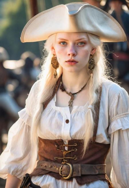 high quality image, photo raw, 8k, portrait 3/4, a 20 year old (woman.1.5), 16th century pirate, a woman with albino skin, light eyes, long white hair, brown pirate hat, several hoop earrings, white buccaneer blouse, wide pants vintage, the shirt is dirty and torn by battles, serious and threatening face, penetrating gaze, he is on the bridge of a pirate ship, sunset, volumetric light, realistic ligh, canon eos 5d, 200 mm lens, f2, hdr, uhd