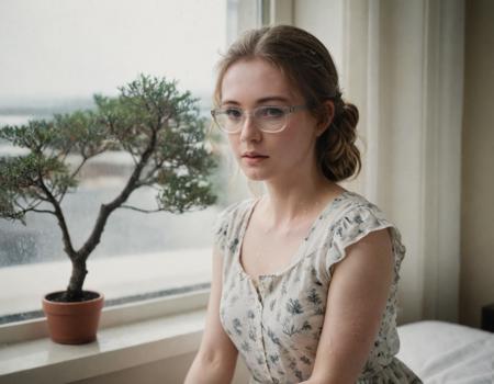 analog film photo <lora:PetiteNymphet_SDXL_v1.0:1> 
front shot, portrait photo of a ohwx woman, natural skin, natural cotton summer dress, (bedroom), dappled light from window, (Japanese black pine:0.1) bonsai tree on window sill, raining, fogged window, melancholy, nostalgia, (semi-rimless eyewear:0.1),  . faded film, desaturated, 35mm photo, grainy, vignette, vintage, Kodachrome, Lomography, stained, highly detailed, found footage