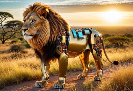 Transistor Lion: Electronic Predator 
Concept: Transistors, lion, creature, realistic, savannah background, intricate details, glowing elements, futuristic.
Core Elements: lion figure, body/mane subtly formed by transistors and circuit patterns, glowing pathways accentuating features, background of a natural, sun-drenched savannah.
Atmosphere/Mood: majestic, futuristic, intricate, powerful, technological, natural.
Setting Details: a magnificent lion, its form subtly integrated with microscopic transistors and circuit lines, standing proudly in a vast, sun-drenched savannah.
Central Figure Details: lion. Delicate lines of transistors and glowing pathways subtly trace its powerful muscles, flowing mane, and individual whiskers. Eyes may have a soft, internal glow. Its pose is one of quiet strength. Realistic savannah, tall golden grasses, distant acacia trees, sky.
Lighting: natural, warm sunlight illuminating the savannah. Subtle, internal glow emanating from the circuit patterns on the lion, fascinating contrast between the organic and the electronic. Intricate details.
Composition: majestic stance, lion focus. Background: sweeping savannah view, with depth and natural elements.
Color Palette: natural golden and brown hues, greens, blues. Glowing pathways on the lion in subtle greens, blues, or golds, electronic sheen, natural colors.
Quality: Transistors, photorealistic, ultra detailed, sci-fi, visually striking, hyperrealistic, futuristic, lion, savannah.