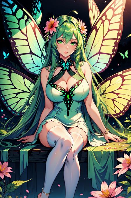 1girl, long hair, green hair, dress, wings, flower, solo, butterfly, fairy wings, barefoot, hair ornament, white dress, bug, very long hair, hair flower, thighhighs, green dress, large breasts, fairy,butterfly wings, green eyes, sitting, looking at viewer, upper body, barefoot sandals, jewelry,specular highlights