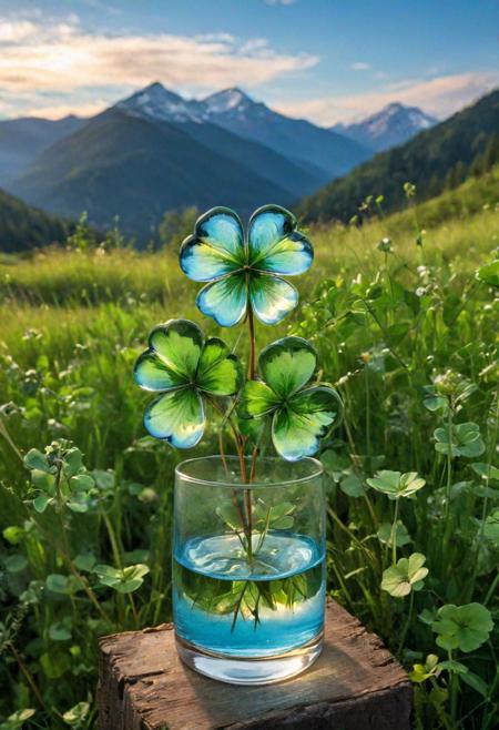 a four-leaf clover in glass, in a natural landscape, depicted nestled among tall grasses in a serene meadow with mountains in the distance. The glass clover should reflect the surrounding scenery, capturing the vibrant hues of the grass and the azure sky. The overall atmosphere should be tranquil and harmonious, with soft sunlight casting warm rays over the scene. (natural landscape), (serene), (reflective:1.1), (vibrant colors), (mountains), (tranquil atmosphere), (soft sunlight), (harmonious)