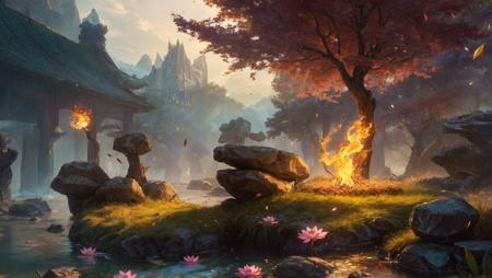 (masterpiece, HDR, 8k, UHD, wallpaper, highly detailed, cinematic lighting:1.1), vivid color, (fire lit:1.1), (wind blow:1.3), crystal, (water river:1.2), floating leaf, flying petals, grass, stone, plant, lotus, maple tree, grass, rock, fantasy, <lora:add_detail:1>
