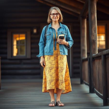 masterpiece full-body portrait of a casually dressed woman outdoors::1.4, rustic natural light photography style::1.2, realistic digital painting::1.1,
(physical description: adult woman, medium to full build, standing facing the viewer, wearing eyeglasses, holding a phone or book:1.1)
(facial features, expression: soft, relaxed expression, natural lighting on face:1.0)
(clothing details: denim jacket or shirt over a patterned midi dress in yellow and brown tones, open-toed sandals:1.0)
(accessories: eyeglasses, possibly subtle jewelry or practical bag, anklets, and metal jewelry,:0.9)
(background setting: outdoor porch or deck area with rustic elements—building with dark siding and log cabin features, one window glowing with warm interior light:0.9)
(lighting style: bright sunlight with noticeable glare or lens flare, emphasizing the warmth and clarity of day:0.8)
(composition and camera framing: full-body shot centered on the subject, naturalistic framing with a slight tilt to capture architectural details:1.0)
(emotional tone or theme: calm, grounded, and rustic with a hint of domestic coziness:0.9)
(technical execution: realistic digital texture on clothing and wood grain, warm contrast between sunlit elements and shadows, strong subject focus with soft background:0.8)