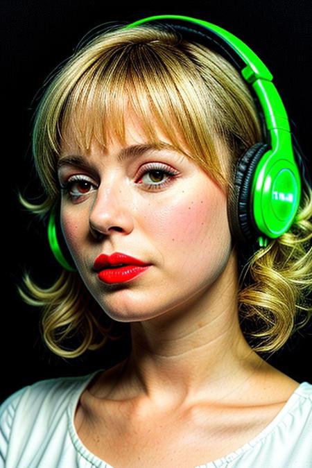 masterpiece, best quality, oil painting \(medium\), real, solo, 1girl, blonde hair, headphones, hair curls, black background, sound waves, green neon, white dress, musical note, red lipstick, medium hair, ringlets, green theme, hand on headphones, frills, puffy sleeves, short sleeves, red neon background, face close up, above view,